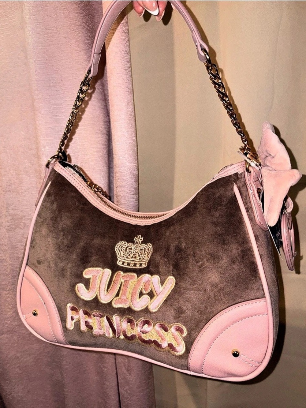 Juicy Couture Juicy Princess Velour Shoulder Bag Pink & Brown